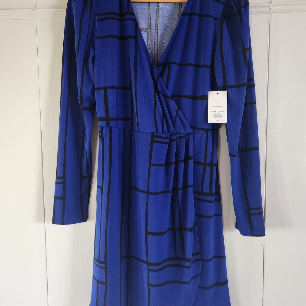 Nine West Royal Blue Long-Sleeve Plaid Wrap Dress